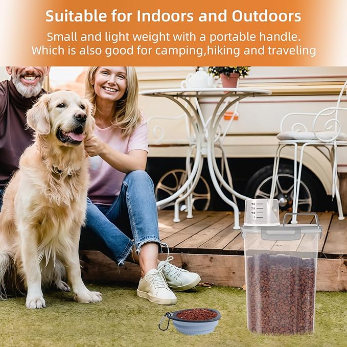 3-5Lbs/3Qt Dog Cat Food Storage Container With foldable bowl. Plastic Pet Food Dispenser for Small Animal Kibble/Pet Food/Bird Seed/Oatmeal/Rice/Flour/Brown Sugart/Cereals (Clear Grey)