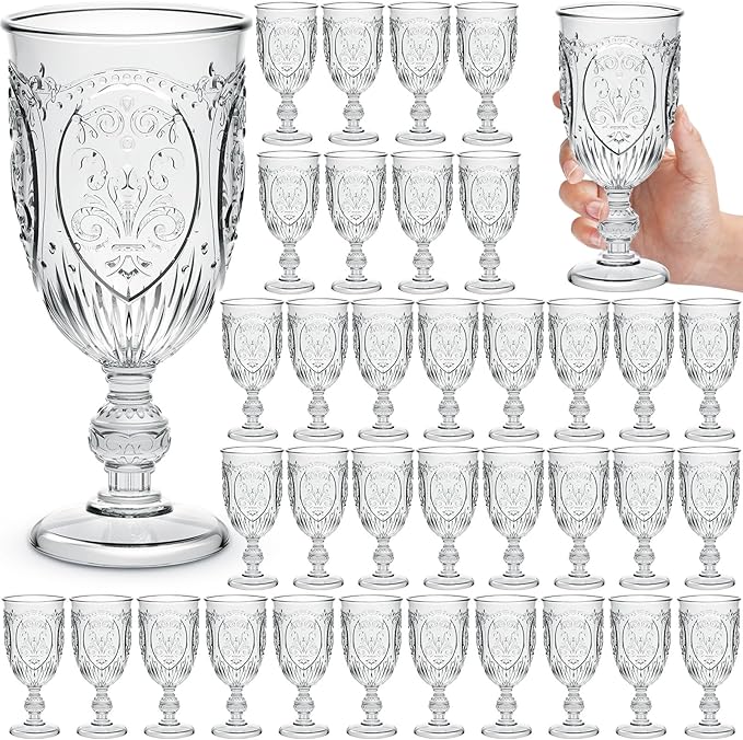 36 Pack Plastic Goblets 10oz Upgrade Vintage Water Goblet Plastic Wine Glasses Colored Retro Embossed Glassware for Party Wine Bar Juice Baby Shower Wedding Reception Grand (Clear)