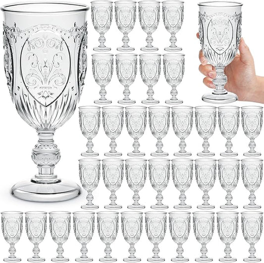36 Pack Plastic Goblets 10oz Upgrade Vintage Water Goblet Plastic Wine Glasses Colored Retro Embossed Glassware for Party Wine Bar Juice Baby Shower Wedding Reception Grand (Clear)