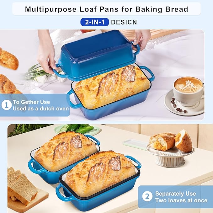 GRMImosa Cast Iron Bread Loaf Pan with Lid, Loaf Pans for Baking Bread, 2-In-1 Enameled Loaf Pans For Baking Bread, Bread Dutch Oven For Golden Crispy Crust For Homemade Bread & Sourdough (Marseille)