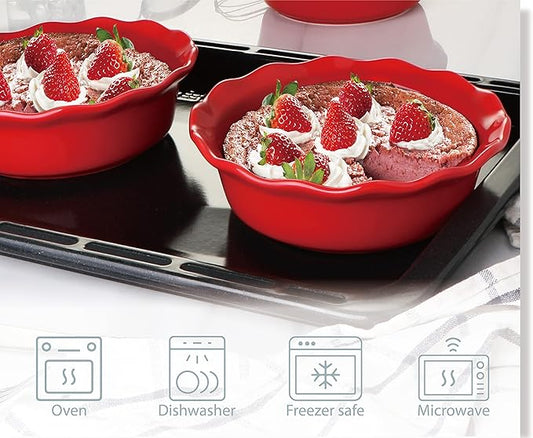 ONEMORE Pie Pans, 6.8 inch Small Chicken Pot Pie Plates 16 oz Deep Dish Pie Pan Ceramic Baking Plates for Dessert Oven Safe Round Baking Dish Pans Set of 4 - Red