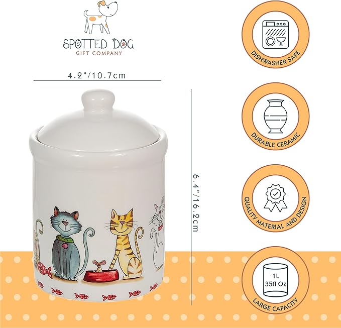 SPOTTED DOG GIFT COMPANY Ceramic Jar with Lid for Countertop, Decorative Cat Food Storage Kitchen Canister for Coffee Tea Sugar, Novelty Treat Container, Gifts for Cat Lovers Pet Owners 35oz