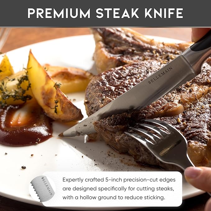 Bellemain Premium Steak Knives Set of 6, Kitchen Knife Sets with Steel Blades for Precise Cutting, Lightweight Steak Knife Set Stainless Steel & Durable, Serrated Steak Knives Dishwasher Safe