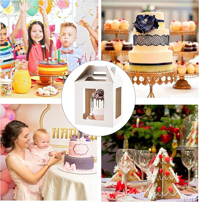 Tall Cake Box with Windows, 10x10x10 inches, Handle, Transport Container for Tiered Cakes, White, 3 Pack