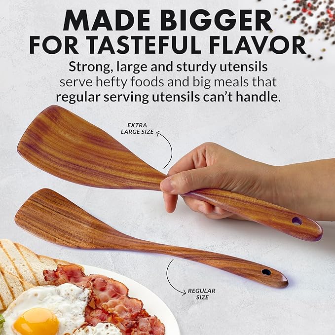 Zulay Kitchen Extra-Large 6-Piece Wooden Spoon Set - Smooth Teak Cooking Utensils - Comfort-Grip Non-Stick Turner, Spatula, Skimmer, Fork, Serving Spoon