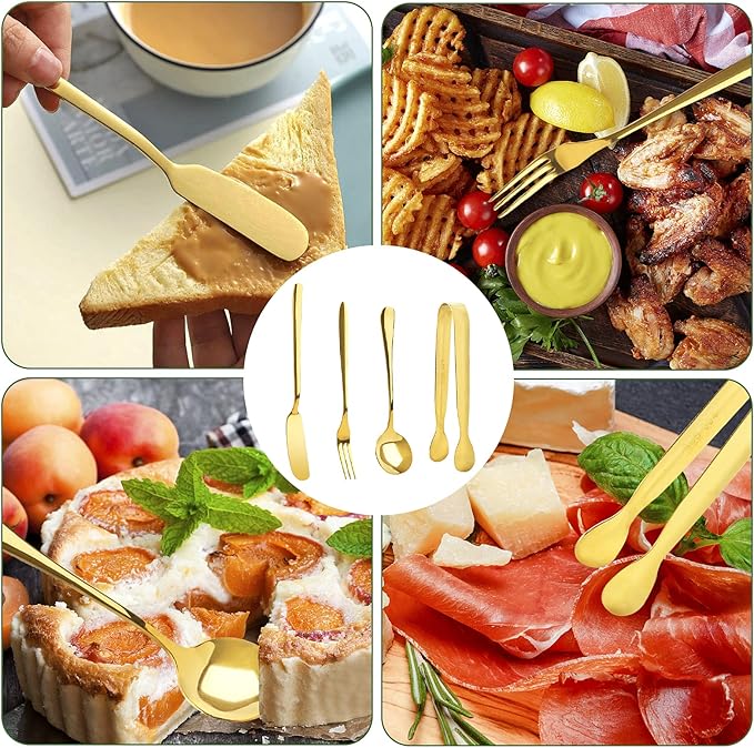Charcuterie Board Accessories, 18 Pcs Gold Stainless Steel Spreader Knives Set Include Mini Serving Tongs, Cheese Butter Knives, Spoons, Forks, Honey Dippers