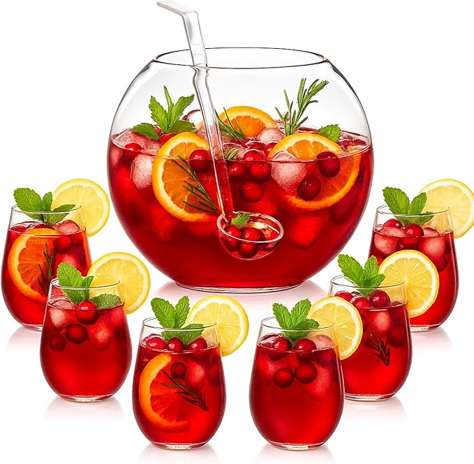 Glass Punch Bowl Set Christmas Party Bowl Set with 6 Punch Cups and Ladle Heavy Large for Parties, Holidays, Schools, Christmas for Centerpiece Table Decorations