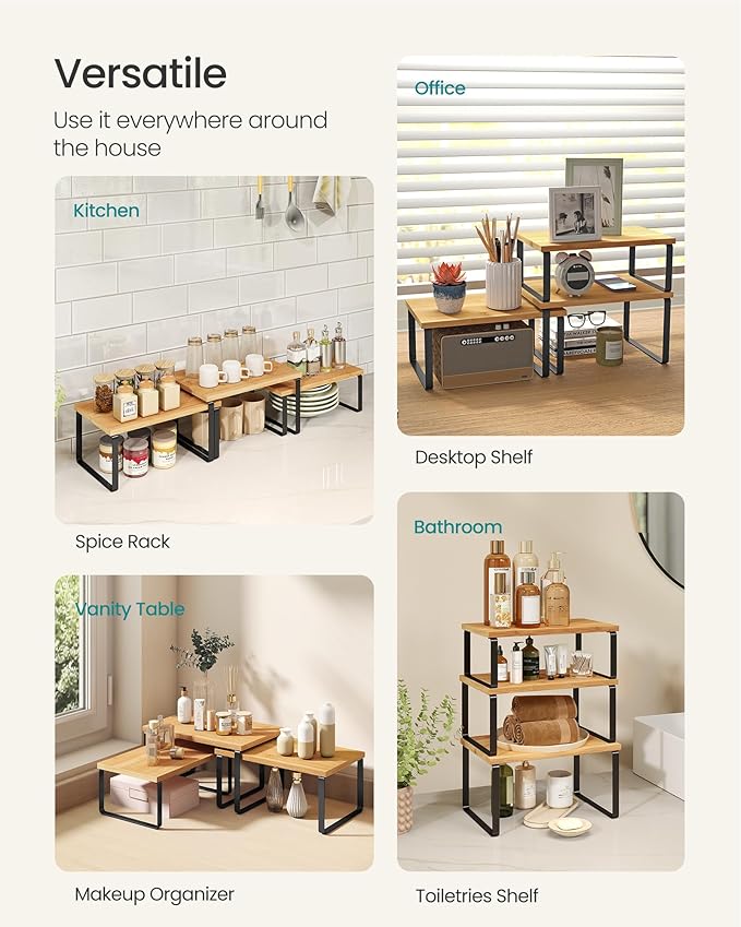 SONGMICS Cabinet Organizer Shelf, Set of 3 Kitchen Counter Shelves, Kitchen Storage, Spice Rack, Stackable, Expandable, Ink Black and Natural Beige UKCS014YL03