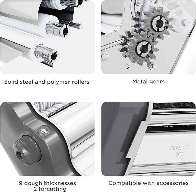 PASTALINDA Classic 260 Pasta Maker Machine, 26 cm Wide Rollers, 9 Thickness Positions, 2 Cutting Positions, Stainless Steel. Includes Reinforced Hand Crank And Two Clamps (Gray)