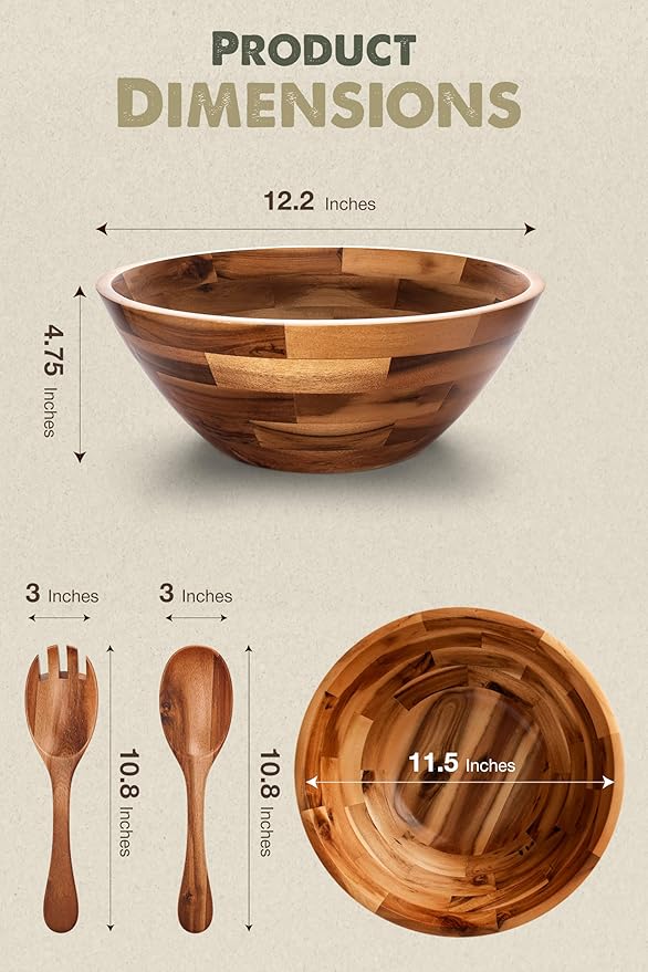 Acacia Wood Salad Bowl Set with Spoon, Fork - Large Salad Bowl with Serving Utensils - Big Mixing Bowl for Fruits, Salad, Pasta (12.2" Diameter x 4.75" Height) (Acacia color)