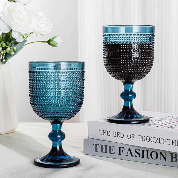 Bandesun Blue Hobnail Wine Glasses Set of 6 - Beads Goblet Glassware Vintage Drinkware