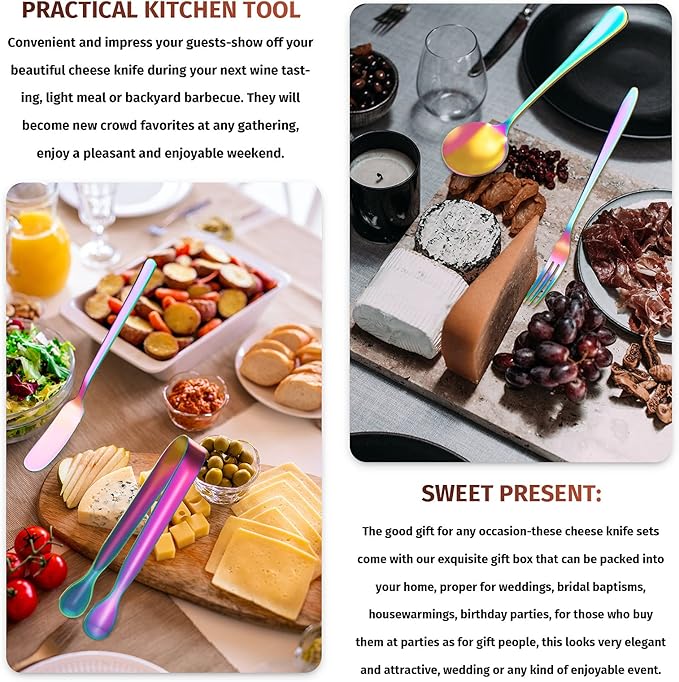 Patelai Cheese Butter Spreader Knives Set Charcuterie Accessories Stainless Steel Spreader Knives Charcuterie Boards Utensils Mini Serving Tongs Spoons and Forks for Appetizers Pastry(Rainbow Color)