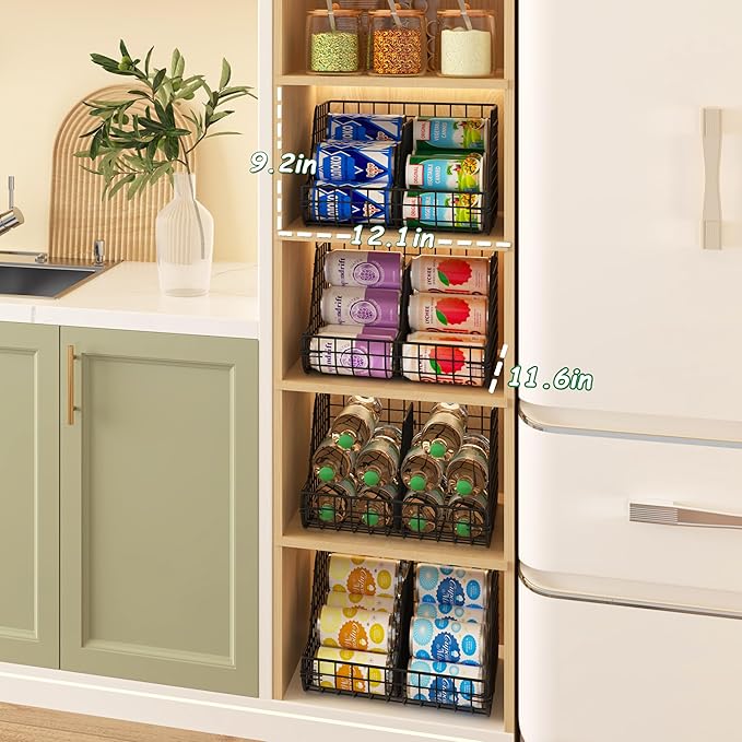 Stackable Soda Can Organizer Stores Up to 72 Cans, 4-Pack Can Storage Organizer for Pantry Shelves, 4-Tier Kitchen Can Holders with 4 Adjustable Dividers, Wire Drink Organizer for Pantry Cabinet Shelf