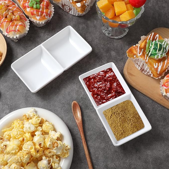 16 Pcs Sauce Dish, Dual Dipping Bowls Large Capacity Dual Sauce Bowls, Soy Two Compartments Party Trays Divided Fondue Plates for Restaurant Kitchen Sushi Soy Sauce (White)