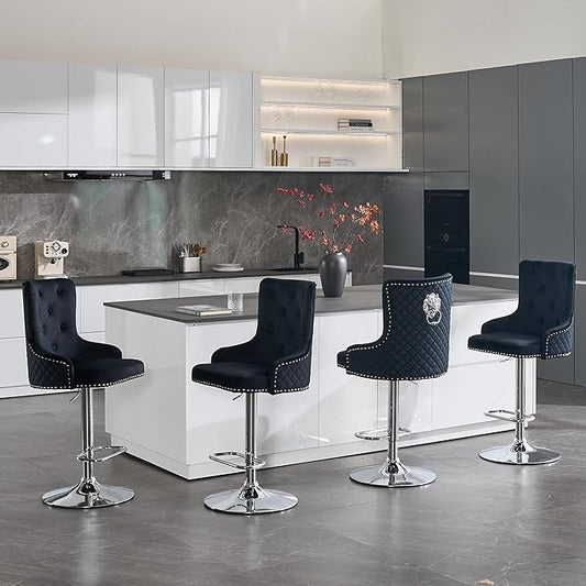 Velvet Lion Bar Stools Set of 4, Modern Height Adjustable Swivel Barstools with Chrome Base, Tufted Counter Height Bar Stools Upholstered Bar Chairs for Kitchen Island, Dining Room, Black