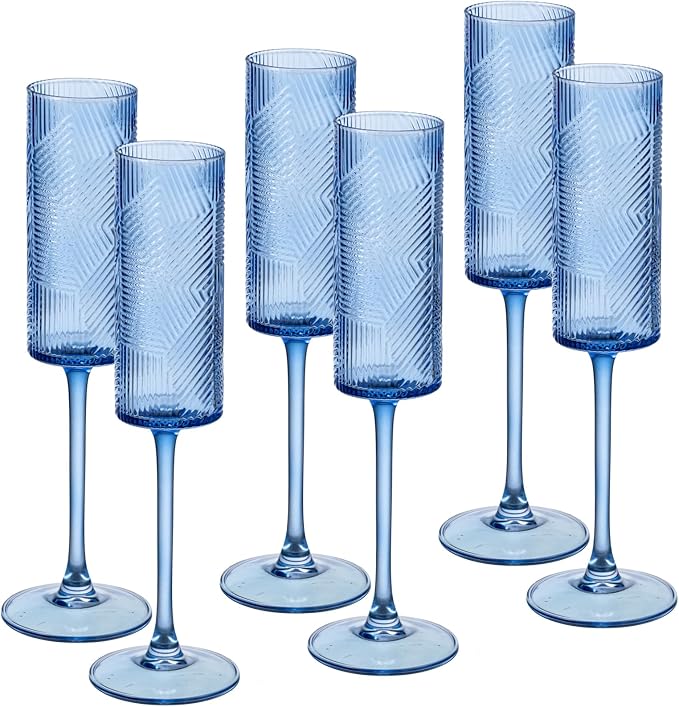 6 Pieces Blue Champagne Flutes,6 OZ Twill Pattern Striped Vintage Stem Glasses Stemware Wine Glasses Champagne Long Stem Drinking Colored Glasses Goblets for Wedding Cocktail Cups,Cava, Prosecco