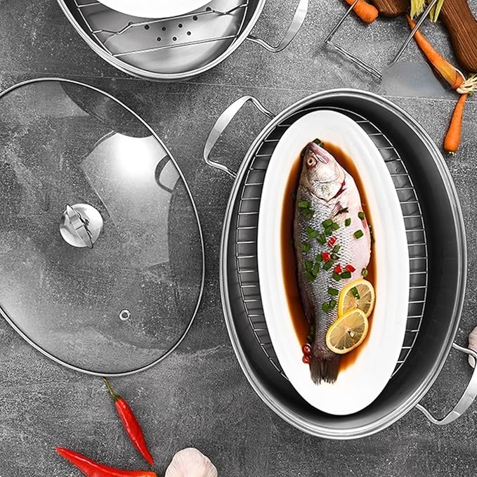 Stainless Steel Fish Steamer, Fish Steamer for Cooking Multi-Use Oval Pasta Pot/Braiser with Rack, Ceramic Pan, Chuck, Stockpot for Steaming Fish, Boiling Soup