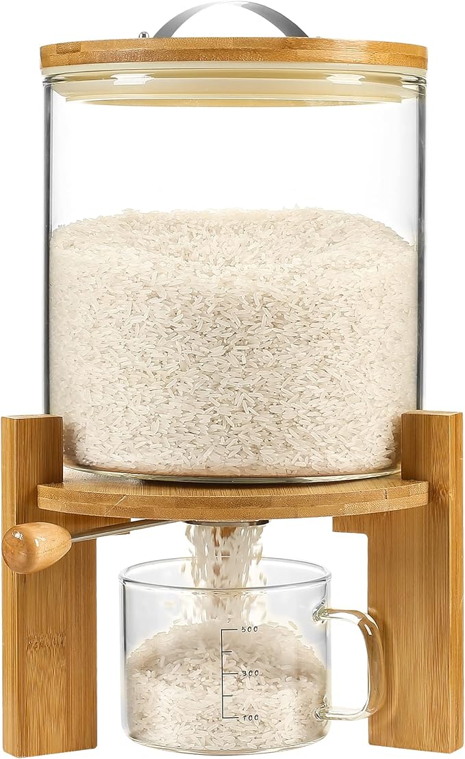 Rice Dispenser, Rice Storage Container：Flour and Cereal Container with Airtight Lid and Wooden Stand, Glass Food Storge Container for Kitchen Organization and Pantry Store (5L)