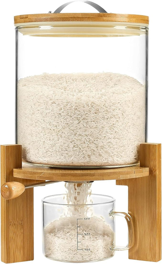 Rice Dispenser, Rice Storage Container：Flour and Cereal Container with Airtight Lid and Wooden Stand, Glass Food Storge Container for Kitchen Organization and Pantry Store (5L)
