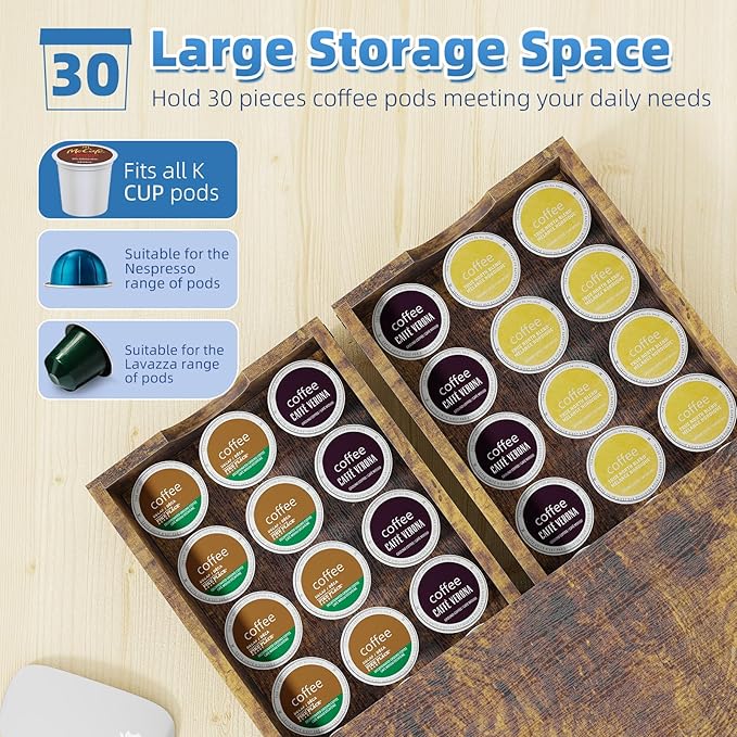 Simple Trending K Cup Organizer Coffee Pod Holder, Wooden K Pod Storage Drawer, Coffee Maker Machine Stand, 30 Pods Capacity