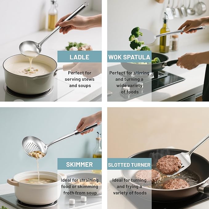 Pleafind Stainless Steel Cooking Utensils Set, 9 Pcs Heat Resistant Kitchen Utensils Set, Nonstick Kitchen Tools Set With Utensil Holder, Metal Spatula Set for Chef, Dishwasher Safe