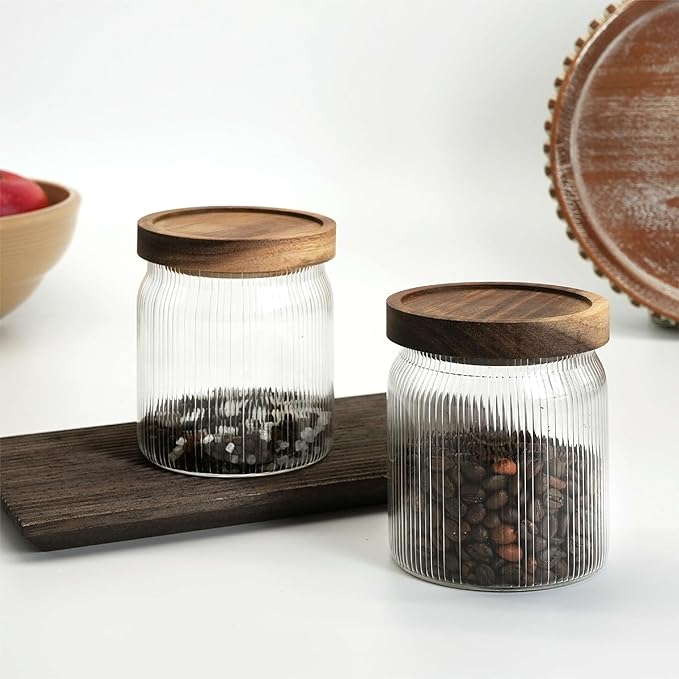 Ribbed Glass Storage Jars Set of 2 – Airtight Food Canisters with Wooden Lids, Stackable Kitchen Organizers for Coffee, Tea, Spices & Dry Goods (8.5oz)