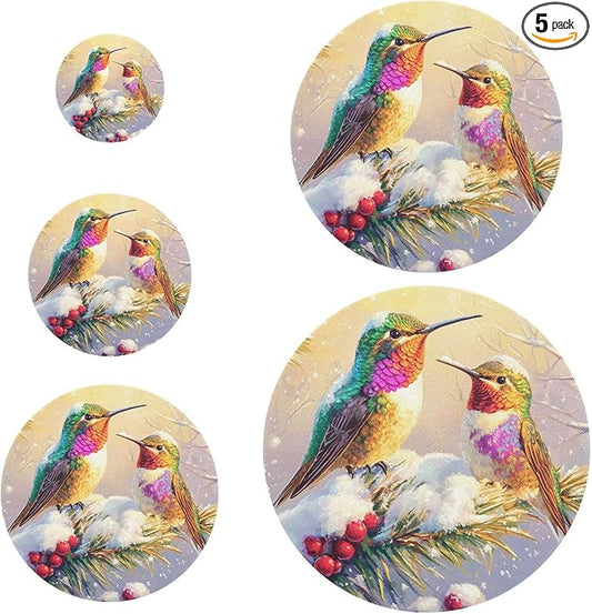 5 Pcs Bowl Covers Reusable in 5 Size Elastic Food Cover Cloth Lids Fresh Keeping Dish Cookware Bakeware Fabric Covers Lids for Food Leftovers Fruits Storage Winter Hummingbirds and Pine Tre