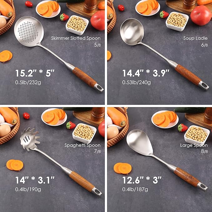18/10 Stainless Steel Kitchen Utensils Set with Wood Handle - 15”Metal Cooking Tools & Serving Utensil, 8-Pieces Cooking Spoons Set - Spatula, Ladle, Skimmer, Turner, Pasta, Solid Spoon, Slotted Spoon
