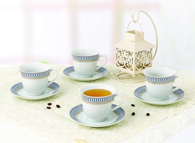 World Gifts Elegant Durable and Colorful Porcelain Tea-Coffee Cups and Saucers Set - Blue and Gold, 8 oz. Set of 4