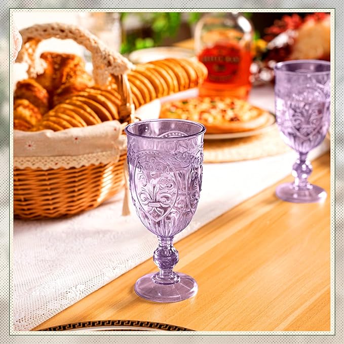 24 Pcs Plastic Goblets 7.5oz Vintage Goblet Plastic Wine Glasses Colored Retro Embossed Water Goblets for Wine Bar Juice Baby Shower Wedding Reception Grand Event Party (Purple)