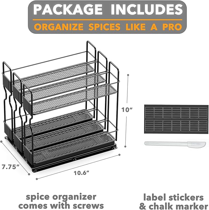 SpaceAid Pull Out Spice Rack Organizer for Cabinet, Heavy Duty Slide Out Seasoning Kitchen Organizer, Cabinet Organizer, with Labels, 7.7" W x10.75 D x10 H, 3 Drawers 2-Tier