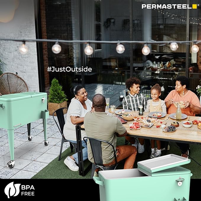 Permasteel 80 Quart Party Cooler, Rolling Ice Chest with Wheels and Handles for Indoor Outdoor Patio