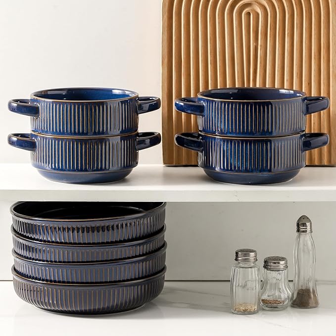 Soup Bowls with Handles, 20 oz French Onion Soup Crocks, Stackable Soup Bowl Oven Safe for Chili, Beef Stew, Embossment Ceramic Bowl Set - 5.4 Inch, Set of 4，Blue