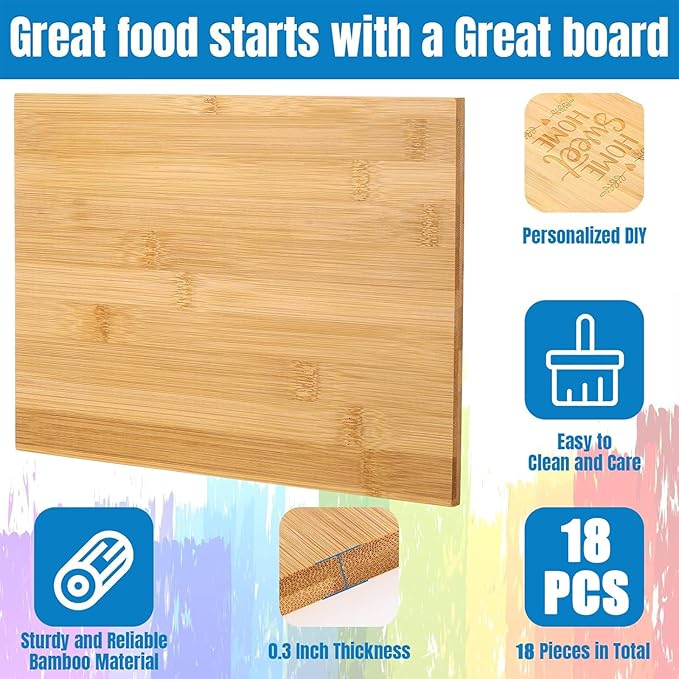 18 Pcs Wood Cutting Board Bulk Kitchen Chopping Boards Large Serving Board Wooden Cutting Board Set for Kitchen Meat Cheese Bread Vegetables (12'' x 8'', Bamboo Wood)