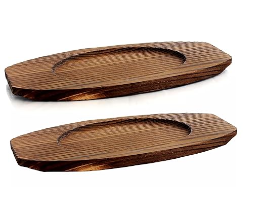 Bruntmor Mini Cast Iron Sizzler Plates Skillet Set Of 4. Oval Fajita Plate With Wooden Base/Pan Tray Serving Sizzling Dish And Fajitas, Hot Steak Skillet Dish Without Sinking (2 Sets)