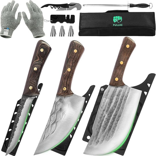 FULLHI Butcher Knife Set with Kitchen Shears, Hand Forged Chef Boning Knife With Scissors High Carbon Steel Carving Fish Chef Knife For Kitchen, Camping, BBQ