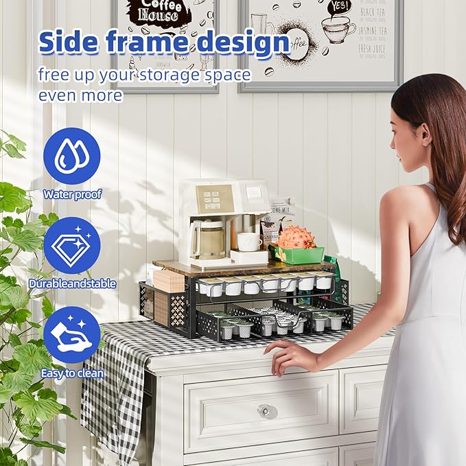 Simple Trending Coffee Pod Holder for K Cups, with 2 Tier Slidng Storage Drawer and Coffee Accessories Holder, 63 Large or 80 Small Capsule Organizer, Black