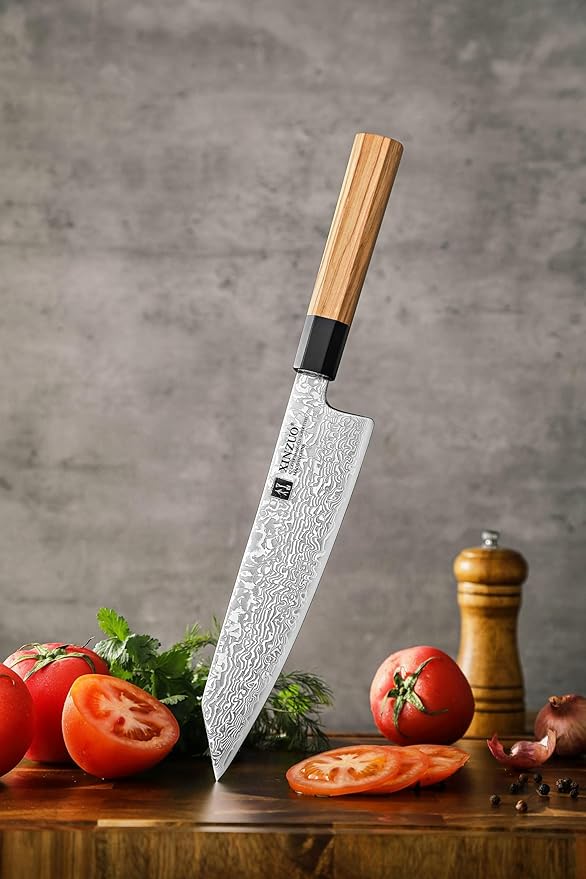 XINZUO 8.5 Inch Japanese Kiritsuke Chef Knife with Sheath, Hand Forged 67 Layers Damascus Steel Kitchen Knife, Ultra Sharp, Japanese Chopping Knife with Olive Wood Octagonal Handle