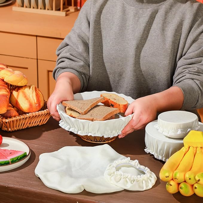 Patelai 10 Pcs Bowl Covers Reusable in 5 Size Stretch Cloth Fabric Elastic Food Storage Bowl Covers Bread Sourdough Lids for Proofing Food Fruits Leftover(Ivory Style)