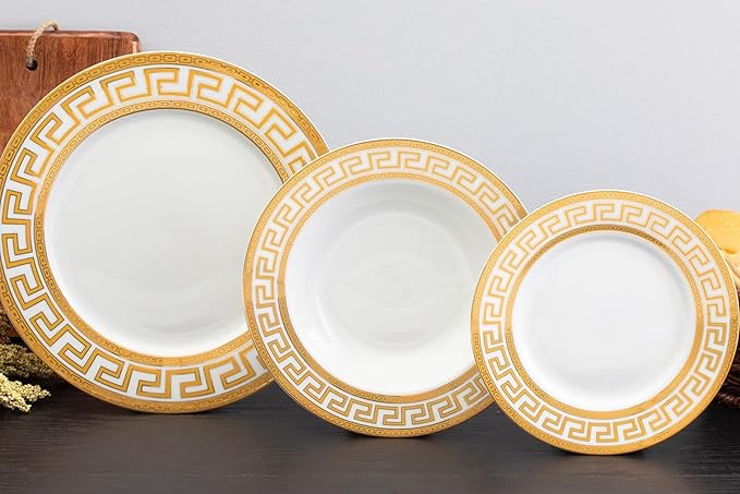 32 Piece Porcelain Dinnerware Sets – Service for 8 Plates and Bowls – White and Gold Greek Key Design Dishware for Kitchen, Formal Dining or Everyday Meals (Meander Gold)