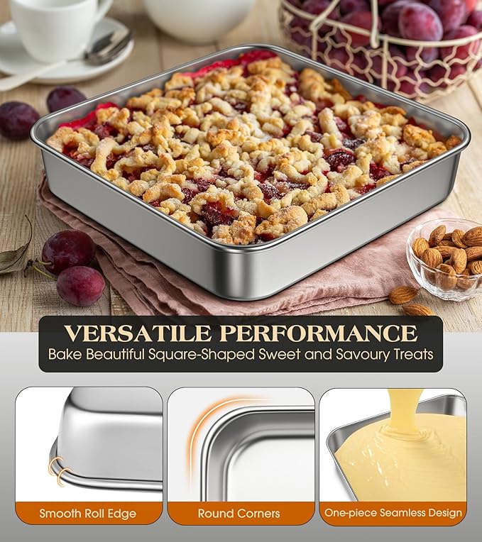 8 x 8-Inch Baking Pan with lid, 304 Stainless Steel Square Cake Pan, Commercial Grade Bakeware for Cakes Brownies Casseroles, Thicker Rectangle Sheet Cake Pans, Non-toxic & Heavy Duty &Dishwasher Safe