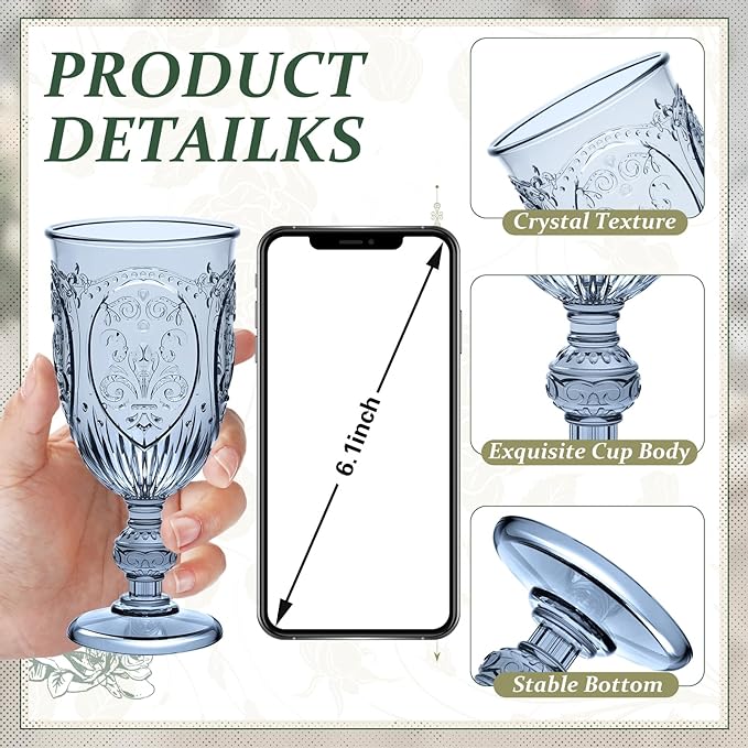 48 Pcs Plastic Goblets 7.5oz Vintage Goblet Plastic Wine Glasses Colored Retro Embossed Water Goblets for Wine Bar Juice Baby Shower Wedding Reception Grand Event Party (Blue)