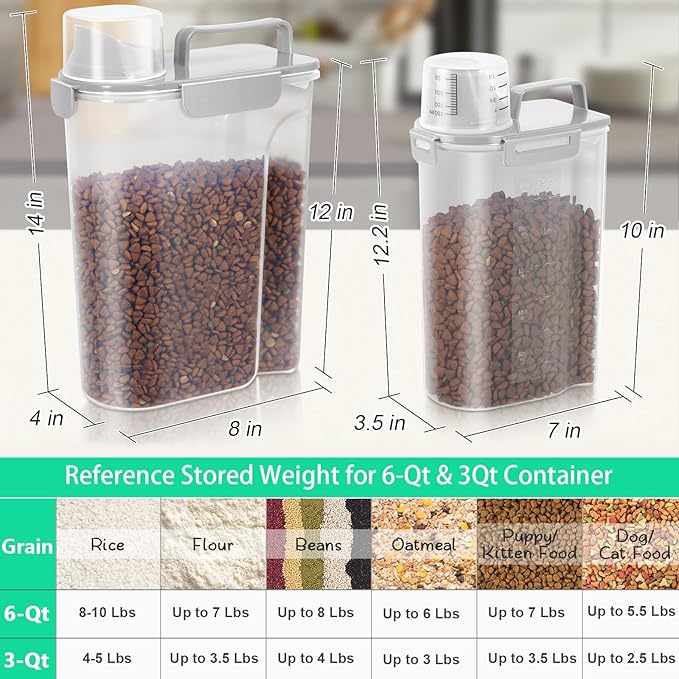 TBMax Rice Container 2 Pack, Airtight Cereal Container Oatmeal Storage with Easy-pouring Spout & Handy Cup for Flour Grain Beans, Pet Dog Cat Bird Food Storage Dispenser-Light Grey