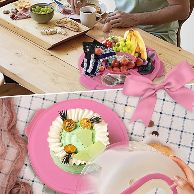Pink Plastic Cake Carrier with Lid and Handle, Multipurpose Cupcake Holder Stand Serving Platter for 10'' Cake, Round Portable Dessert Storage Container Box with Cover for Pie Pizza Fruit Snack