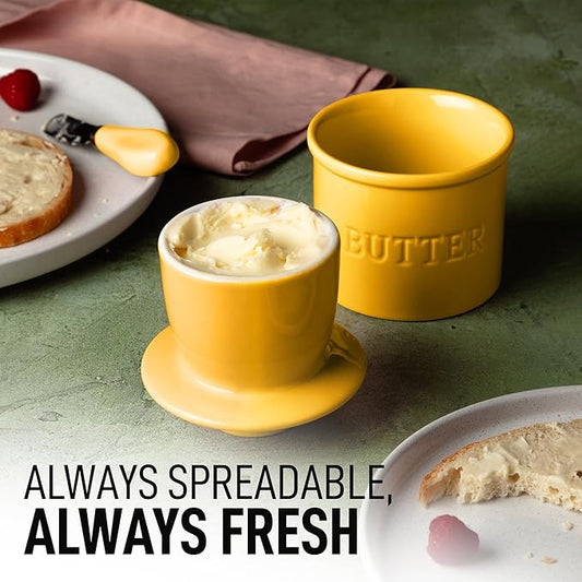 Zulay Kitchen Porcelain Butter Crock With Lid & Knife - Authentic French Butter Dish For Fresh & Spreadable Butter - Yellow
