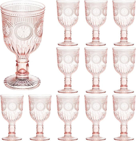Pink 12 Pack Vintage Wine Glasses, Plastic Reusable 12 Ounce Colored Water Goblets, Unique Flower Embossed Pattern Unbreakable Stemmed Wine Glasses High Clear Wedding Party Bar Drinking Cups