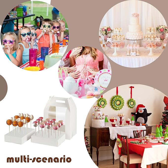 Cake Pop Boxes - 12 Pcs Portable Candy Boxes with Clear Window & 18 Holes Tall Display Carriers for Lollipops, Candy Pops (White)