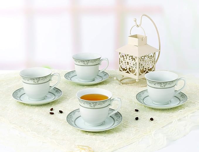 World Gifts Elegant Durable and Colorful Porcelain Tea-Coffee Cups and Saucers Set - Silver Floral, 8 oz. Set of 4