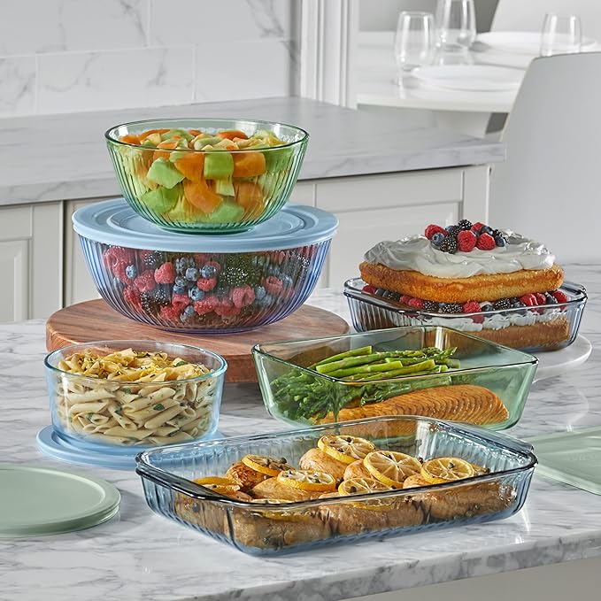 Pyrex Colors Tinted 4-PC, Medium/Large Glass Mixing Bowls With Lids, Nesting Space Saving Set of Bowls For Prepping and Baking, 2.3QT & 4.5QT
