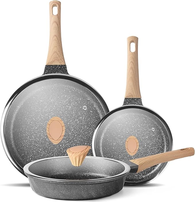 Non Stick Frying Pan Set - Stone Skillet Set, Kitchen Omelette Pans, Induction Chef' Pan Grainte Cookware Set, Nonstick Frying Pans with Lid(8inch&9.5inch&11inch)